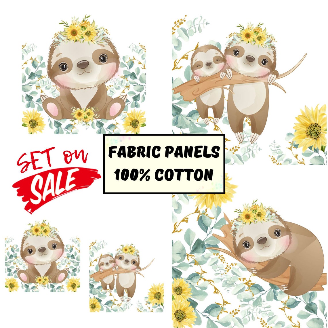 Baby sloth fabric panel for quilting Sloth with sunflowers Etsy