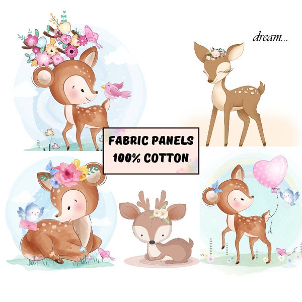 Baby deer quilt fabric panels, Fat quarter bundle for kids, Child fabric panels for quilting