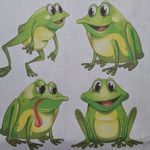 May include: Four cartoon frogs in various poses. The frogs are primarily green with yellow bellies and brown eyes. One frog has its tongue extended. The frogs are on a light gray background.