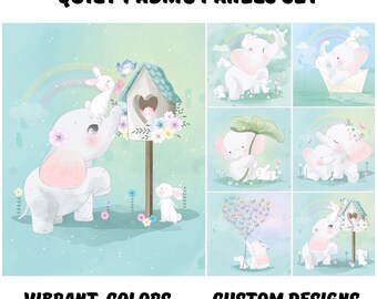 Baby elephant fabric panels for quilting, Baby fabric panels for nursery decor