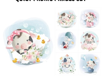Baby cow quilt fabric panels, Farm animals quilting fabric, Novelty farmhouse nursery fabric for baby blanket