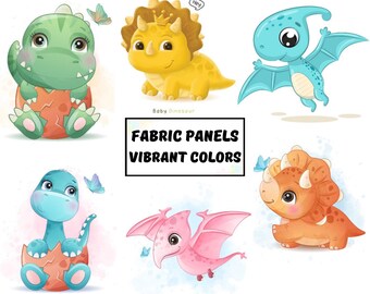 Cute baby dinosaur fabric panel for baby quilt, Custom fabric panel for dinosaur nursery decor