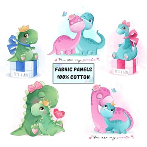Cute dinosaur fabric panel for baby quilts, Organic cotton fabric panel for quilting