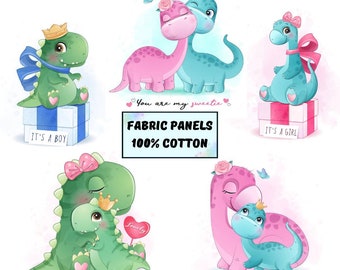 Cute dinosaur fabric panel for baby quilts, Organic cotton fabric panel for quilting