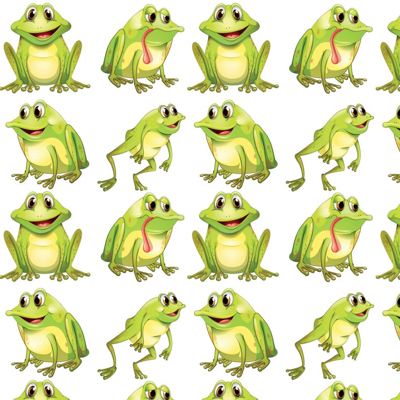 May include: A repeating pattern of cartoon frogs in various poses. The frogs are primarily green with yellow bellies and large, expressive eyes. Some frogs have their tongues sticking out, while others are sitting or walking.