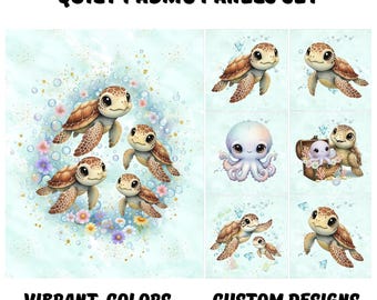 Sea turtle ocean fabric panels for quilting, Nautical baby girl quilt panel fabric bundle, Under the sea fabric panel