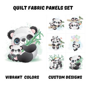 K&ouml;nnte beinhalten: Quilt-Stoffpaneele-Set mit entz&uuml;ckenden Panda-B&auml;ren-Illustrationen. Die Paneele zeigen Pandas in verschiedenen Posen, mit Bambus und farbenfrohen Akzenten. Text enth&auml;lt "Vibrant Colors" und "Custom Designs".