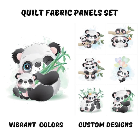 Panda bear fabric panels for childrens quilts, Fabric bundle for baby quilt, Baby blanket fabric