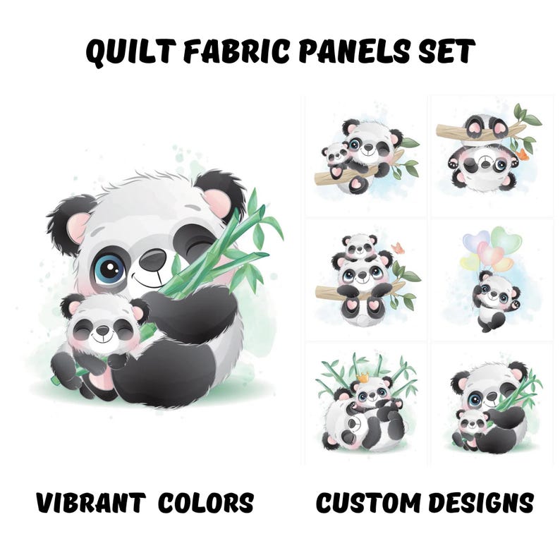 K&ouml;nnte beinhalten: Quilt-Stoffpaneele-Set mit entz&uuml;ckenden Panda-B&auml;ren-Illustrationen. Die Paneele zeigen Pandas in verschiedenen Posen, mit Bambus und farbenfrohen Akzenten. Text enth&auml;lt "Vibrant Colors" und "Custom Designs".