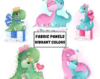 Cute dinosaur fabric panel for baby quilts, Dino print fabric panel for quilting