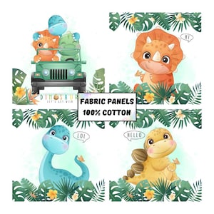 Dinosaur fabric panel for baby quilt, Cute organic cotton quilting fabric
