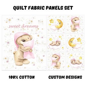 Baby girl quilt fabric panels, Pink baby bear fabric for quilting, Cute fabric bundle for sewing quilt, blanket, pillow, nursery decor