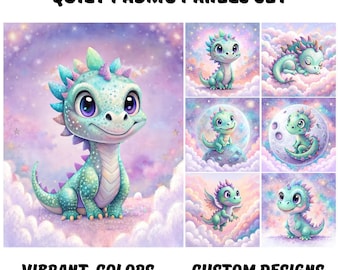 Cute purple baby dinosaur quilt fabric panel bundle, Dinosaur girl boy baby quilting fabric, Dino nursery for blanket, pillow, decor