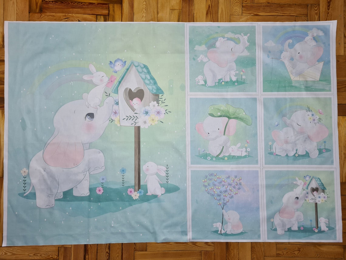 Baby elephant fabric panels for quilting Baby fabric panels Etsy