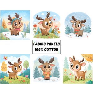 Baby moose quilt fabric panels, Wild forest animal print fabric panels for quilting, Cute moose blanket fabric, Forest nursery decor