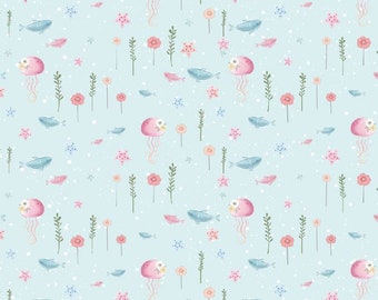 Ocean fabric by the yard, Jellyfish fabric panel for quilting,  Baby girl quilt fabric bundle
