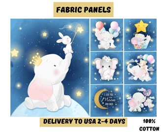 Baby elephant fabric panels, Elephant quilt fabric bundle organic cotton, Fabric panels for quilting