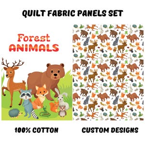 Forest animals fabric panel for quilting, Novelty woodland fabric, Foxes, deer, bear fabric - Companion fabrics