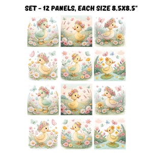 Puede incluir: Un conjunto de 12 paneles, cada uno de 21,6x21,6 cm, con ilustraciones de patitos amarillos que llevan coronas de flores. Los patitos están representados en diversos entornos al aire libre con flores coloridas, hierba verde y mariposas.