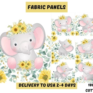 Baby elephant fabric panels for quilting, Elephant quilt fabric bundle, Elephant fabric with sunflowers, Elephant nursery decor