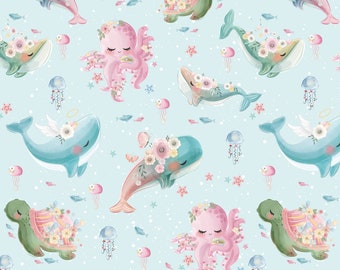 Ocean fabric panels for quilting, Whale fabric by the yard,  Baby girl quilt fabric bundle