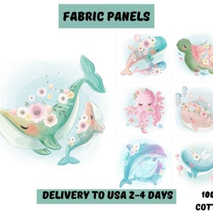 Whale fabric panel, Ocean fabric panels for quilting, Baby girl quilt panel fabric bundle, Dolphin fabric panel