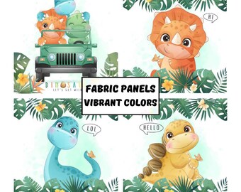 Dinosaur fabric panel for baby quilt, Cute dino in leaves quilting fabric
