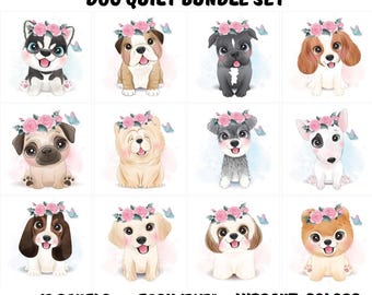 Cute dog fabric panels for quilting, Puppy quilt fabric bundle for baby blankets, Dog mom lover quilt fabric scraps - 12 panels