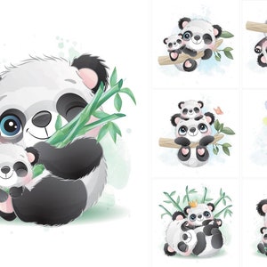 K&ouml;nnte beinhalten: Aquarellillustrationen von entz&uuml;ckenden Pandas in verschiedenen Posen. Ein Panda h&auml;lt Bambus, w&auml;hrend andere auf &Auml;sten sitzen oder Luftballons halten. Die Pandas sind schwarz-wei&szlig; mit blauen Augen, vor einem weichen Aquarellhintergrund.