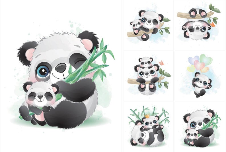 K&ouml;nnte beinhalten: Aquarellillustrationen von entz&uuml;ckenden Pandas in verschiedenen Posen. Ein Panda h&auml;lt Bambus, w&auml;hrend andere auf &Auml;sten sitzen oder Luftballons halten. Die Pandas sind schwarz-wei&szlig; mit blauen Augen, vor einem weichen Aquarellhintergrund.