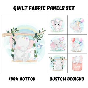 Baby elephant fabric panel for baby quilts, Baby blanket fabric panel, Elephant nursery decor
