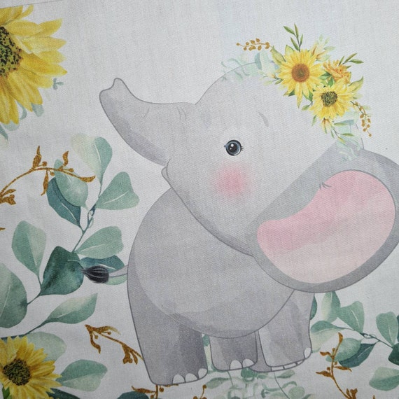 Baby Elephant Fabric Panels for Quilting, Elephant With Sunflowers