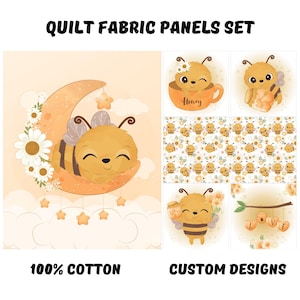 Cute bee fabric panel for quilting, Baby girl quilt panel fabric bundle, Honey bee nursery decor