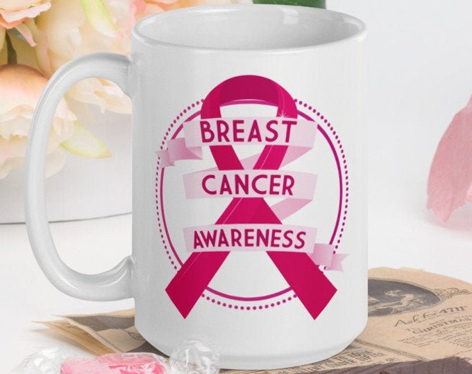Breast Cancer Awareness Ribbon - White Glossy Mug - Ceramic Mug - Coffee Mug - Cancer Gifts - Cancer Sucks - Cancer Mug - Cure Cancer