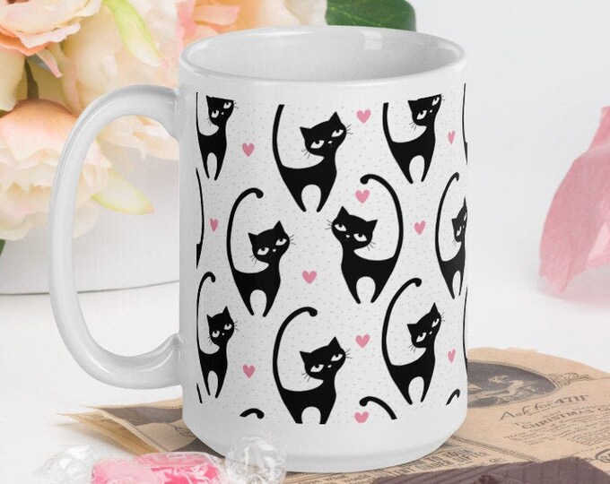Cats and Hearts - White Glossy Mug - Ceramic Mug - Coffee Mug - Coffee Cup - Tea Mug - Handmade Mug - Cat Mug - Cat Gifts - Cat Cup - Animal