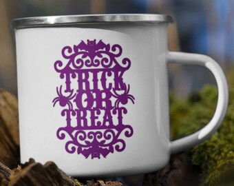 Trick or Treat - Enamel Mug - Camping Mug - Coffee Mug - Halloween Mug - Halloween Gifts - Purple Gifts - Halloween Decor - Trick-or-treat