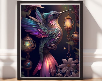 Hummingbird Art v21, Digital Painting Art, Instant Download, Printable Decor, Bird Prints, Bird Decor, Animal Painting