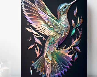 Holo Hummingbird Canvas Wall Art, Wrapped Canvas, Colorful Bird Art, Ready to Hang