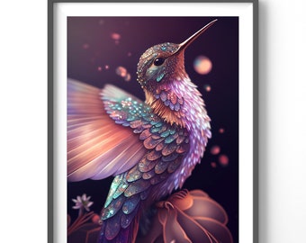 Neon Hummingbird Poster, Matte Vertical Posters, Bird Wall Art, Black and Colorful Animal Print