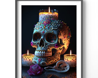 Skull Poster - Sugar Skull Art Print, Matte Vertical Fantasy Wall Decor, Unique Bone Design for Home or Office