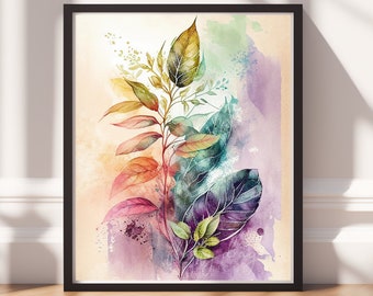 Botanical Art v20, Digital Download, Printable Wall Art, Colorful Painting, Modern Prints, Leaves Decor