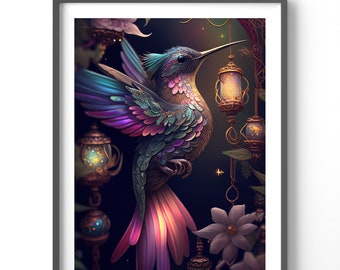 Neon Hummingbird Poster, Matte Vertical Posters, Bird Wall Art, Black and Colorful Animal Print