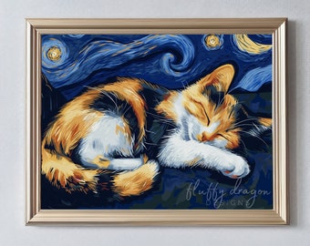 Calico Cat Digital Art | Starry Night Animal Wall Art | Unique Home Decor for Cat Lovers
