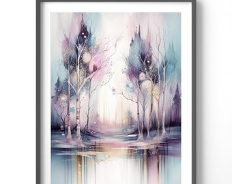 Watercolor Poster - Forest Floral Wall Art, Matte Vertical Print in Pastels & Gold - Elegant Home Decor, Nature Lover Gift