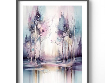 Forest Watercolor Poster, Matte Vertical Posters, Floral Wall Art, Pastels and Gold Print