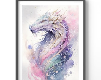 Dragon Watercolor Poster, Matte Vertical Posters, Dragon Wall Art, Fantasy Print