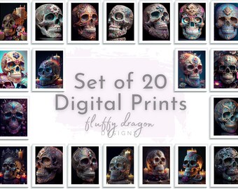 Sugar Skull Art, Day of the Dead Wall Art, Mexican Folk Art, Gothic Skeleton Art, Cute Skulls Home Decor, Mexico Digital Art Print Set of 20