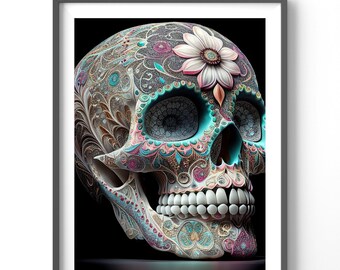 Skull Poster - Sugar Skull Art Print, Matte Fantasy Wall Decor, Vertical Wall Art for Home & Office Decoration