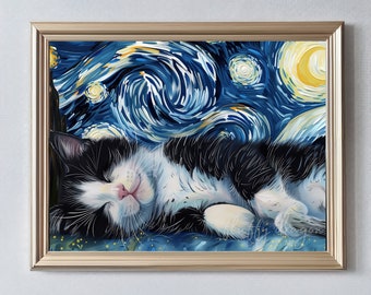 Cat Digital Art: Tuxedo Kitten Print, Cute Animals, Starry Night Art, Van Gogh Inspired, Home Decor, Pet Lover Gift