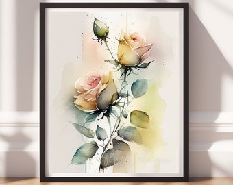 Watercolor Flowers v20, Digital Download, Floral Wall Art, Instant Print, Pastel Decor, Digital Prints